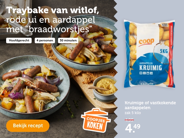 Traybake van witlof, rode ui en aardappel met 'braadworstjes' | Kruimige of vastkokende aardappelen. Zak 5 kilo. Van 4.99 voor 4.49