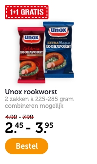 1 + 1 GRATIS | Unox rookworst | 2 zakken à 225-285 gram. Combineren mogelijk