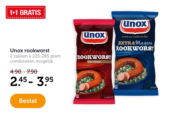 1 + 1 GRATIS | Unox rookworst | 2 zakken à 225-285 gram. Combineren mogelijk