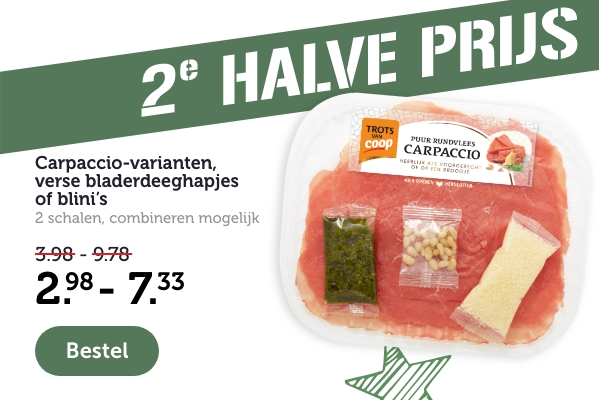 Carpaccio-varianten, verse bladerdeeghapjes of blini's | 2 schalen, combineren mogelijk | 2.98 - 7.33 | Bestel