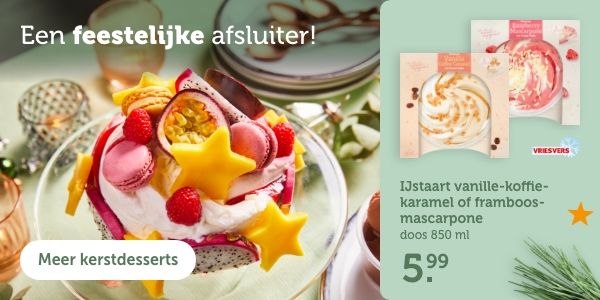 Een feestelijke afsluiter! | IJstaart vanille-koffie-karamel of framboos-mascarpone | doos 850ml | 5.99 | meer kerstdesserts