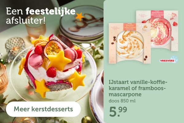 Een feestelijke afsluiter! | IJstaart vanille-koffie-karamel of framboos-mascarpone | doos 850ml | 5.99 | meer kerstdesserts