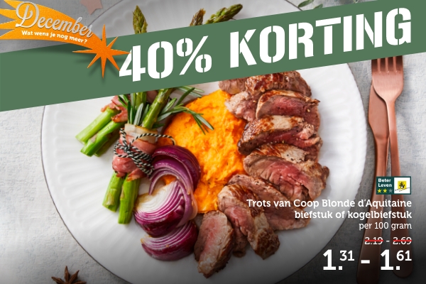 40% KORTING | Trots van Coop Blonde d'Aquitaine biefstuk of kogelbiefstuk | per 100 gram 1.31-1.61 | Bekijk aanbieding