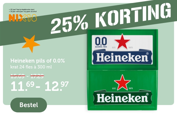 25% KORTING | Heineken pils 0.0% | krat 24 fles á 300ml | 11.69 - 12.97 | Bestel