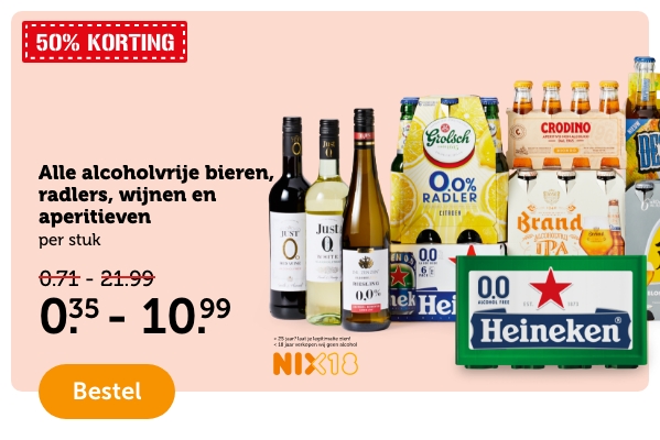 50% KORTING | Alle alcoholvrije bieren, radlers, wijnen en aperitieven | per stuk | 0.35 - 10.99 | Bestel