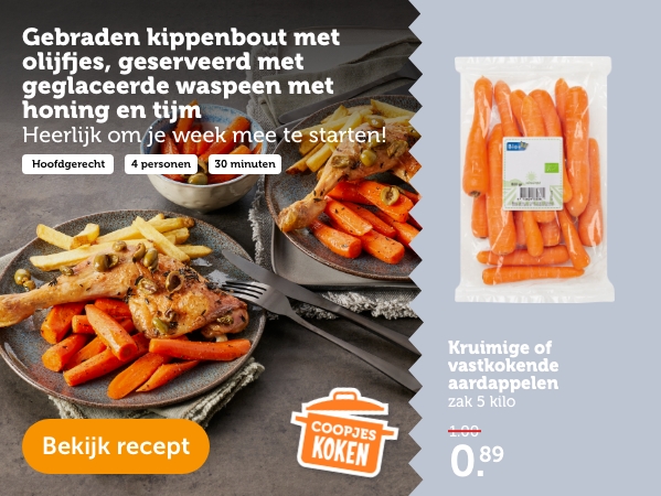 Gebraden kippenbout met olijfjes, geserveerd met geglaceerde waspeen met honing en tijm | Bekijk recept