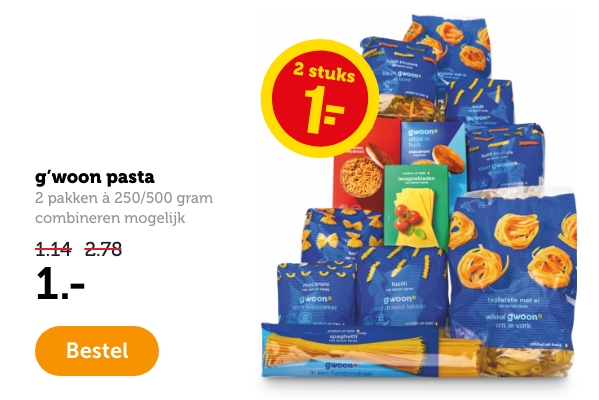 g'woon pasta | 2 pakken à 200/250 gram | 1.- | Bestel