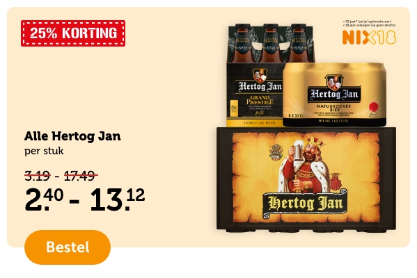 25% KORTING | Alle Hertog Jan | per stuk | 2.40 - 13.12 | Bestel