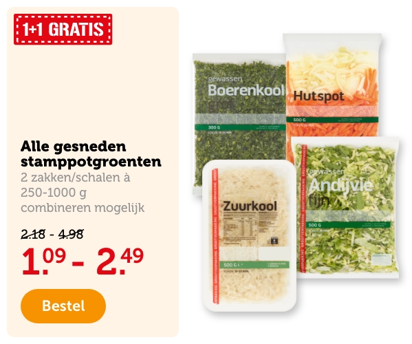 1+1 GRATIS | Alle gesneden stamppotgroenten | 2 zakken/schalen à 250-1000 gram | combineren mogelijk | 1.09 - 2.49 | Bestel