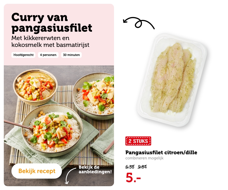 Curry van pangasiusfilet met kikkererwten en kokosmelk met basmatirijst | Bekijk recept