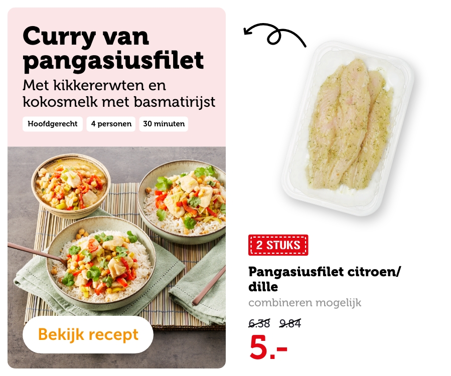 Curry van pangasiusfilet met kikkererwten en kokosmelk met basmatirijst | Bekijk recept