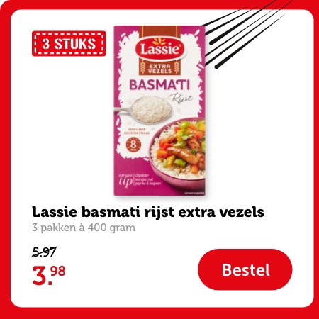 Lassie basmati rijst extra vezels | 3 pakken á 400 gram | 3.98 | Bestel