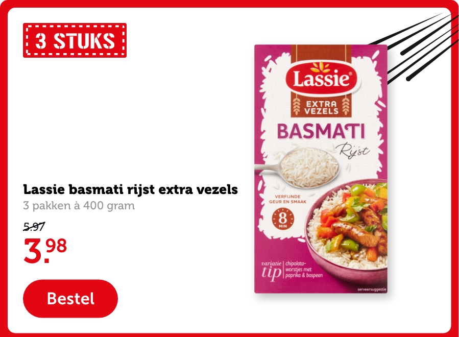 Lassie basmati rijst extra vezels | 3 pakken á 400 gram | 3.98 | Bestel