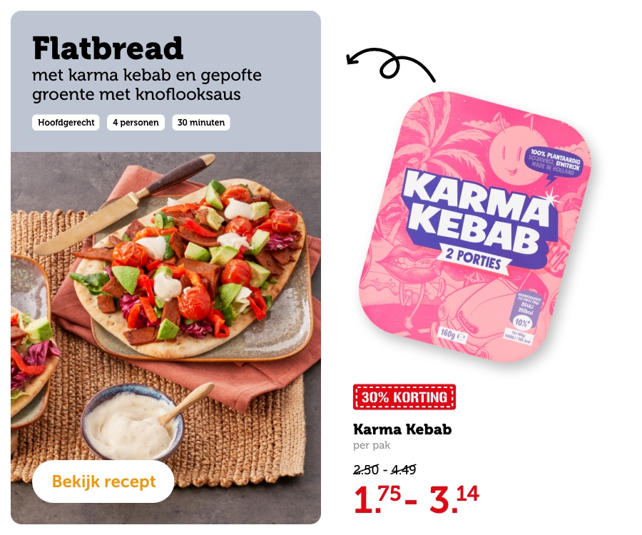 Flatbread met karma kebab en gepofte groente met knoflooksaus | Bekijk recept