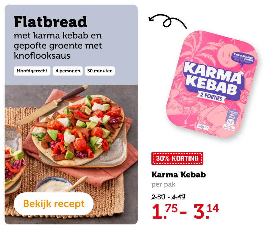 Flatbread met karma kebab en gepofte groente met knoflooksaus | Bekijk recept