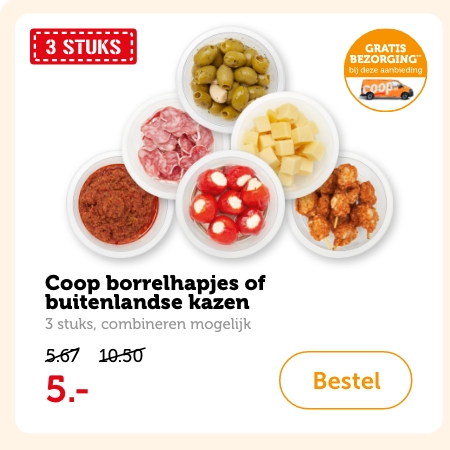 Coop borrelhapjes of buitenlandse kazen. 3 stuks, combineren mogelijk. Van 5.67/10.50 voor 5.-