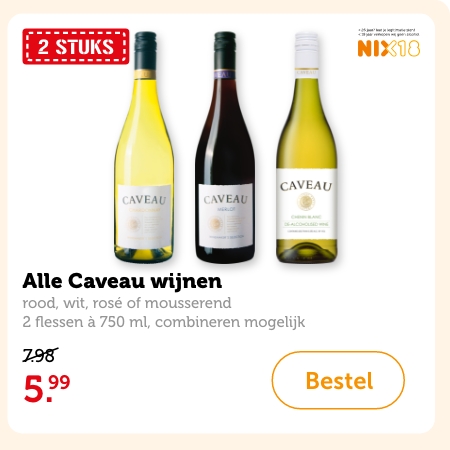 Alle Caveau wijnen, rood, wit, rosé of mousserend. 2 flessen à 750 ml, combineren mogelijk. Van 7.98 voor 5.99