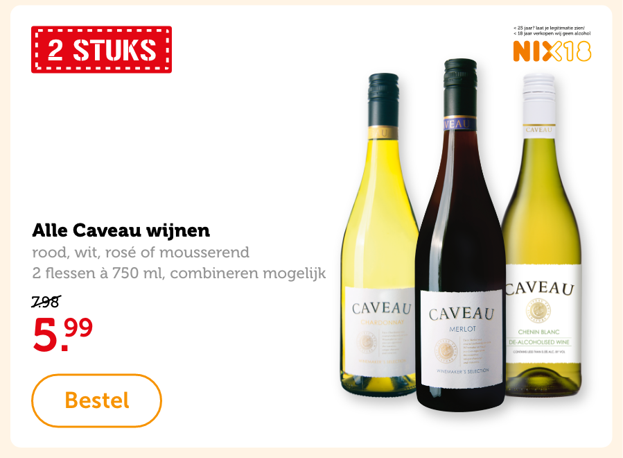 Alle Caveau wijnen, rood, wit, rosé of mousserend. 2 flessen à 750 ml, combineren mogelijk. Van 7.98 voor 5.99