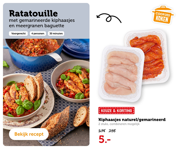 Ratatouille met gemarineerde kiphaasjes en meergranen baquette. Bekijk recept.