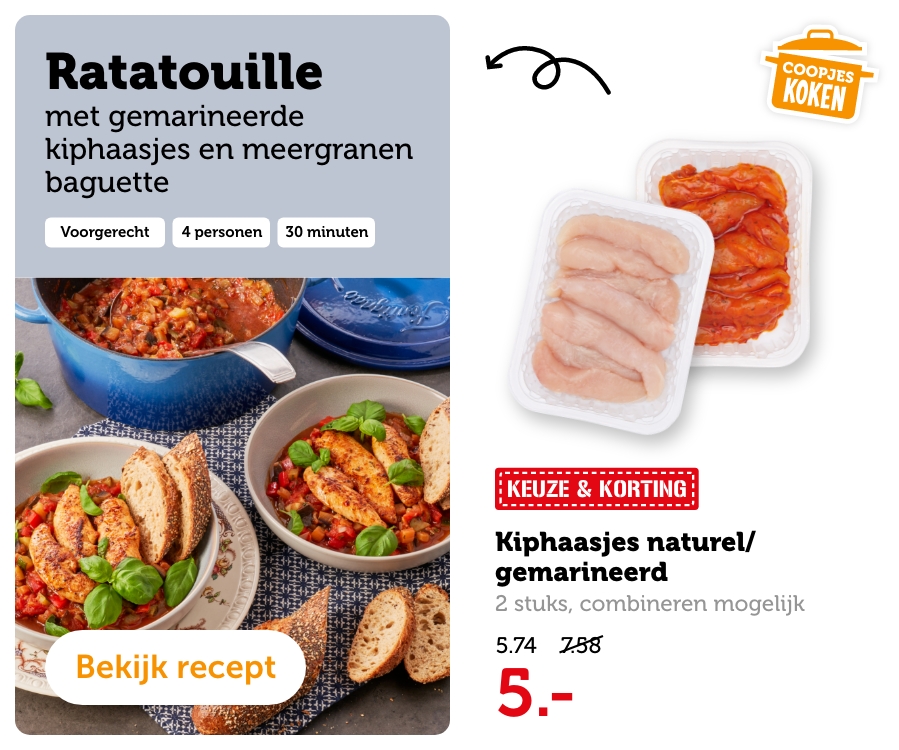 Ratatouille met gemarineerde kiphaasjes en meergranen baquette. Bekijk recept.