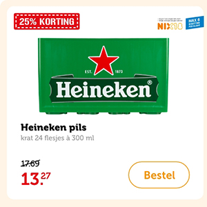 Heineken pils, krat 24 flesjes à 300 ml. Van 17.69 voor 13.27