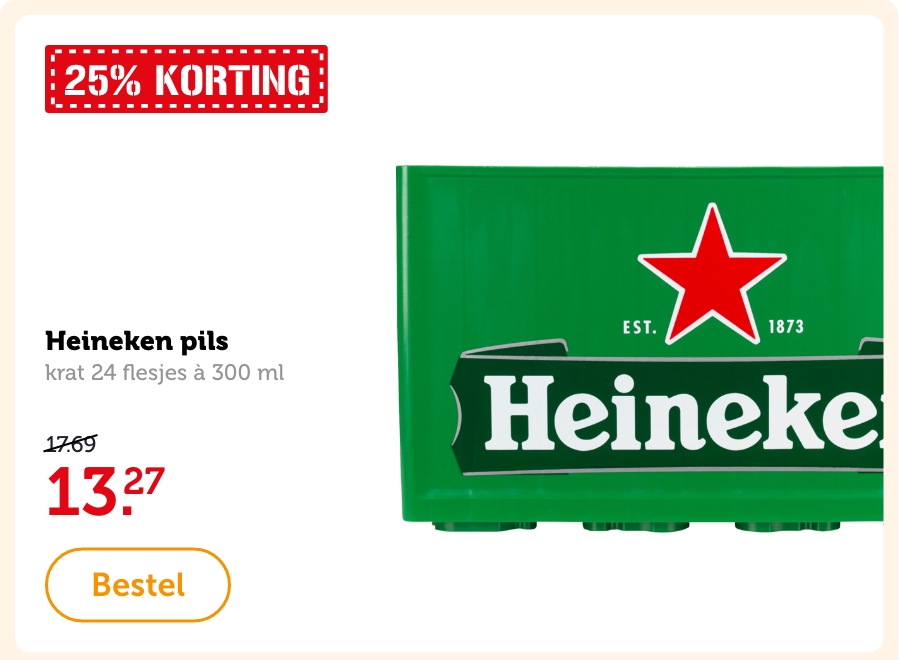 Heineken pils, krat 24 flesjes à 300 ml. Van 17.69 voor 13.27