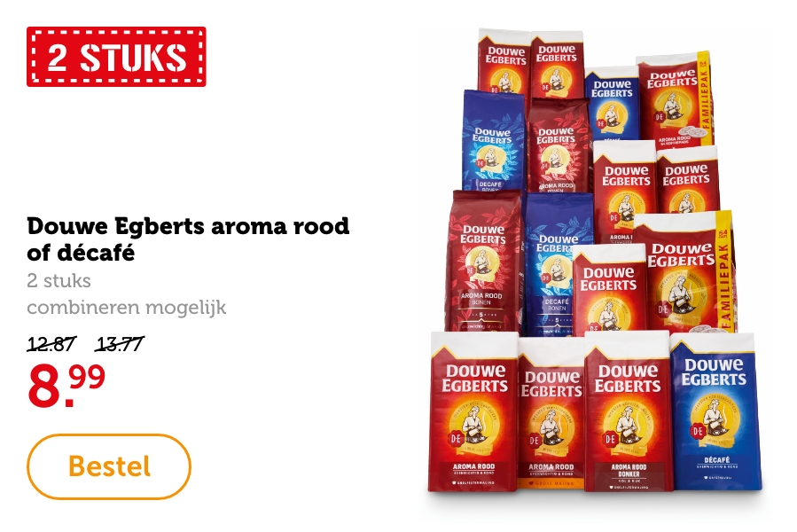 Douwe Egberts aroma rood of décafé, 2 stuks, combineren mogelijk. Van 11.90/14.38 voor 8.49