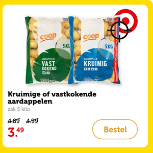 Kruimige of vastkokende aardappelen, zak 5 kilo. Van 4.89/4.99 voor 3.49