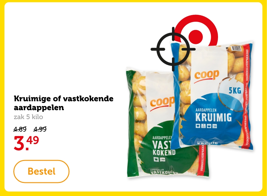 Kruimige of vastkokende aardappelen, zak 5 kilo. Van 4.89/4.99 voor 3.49