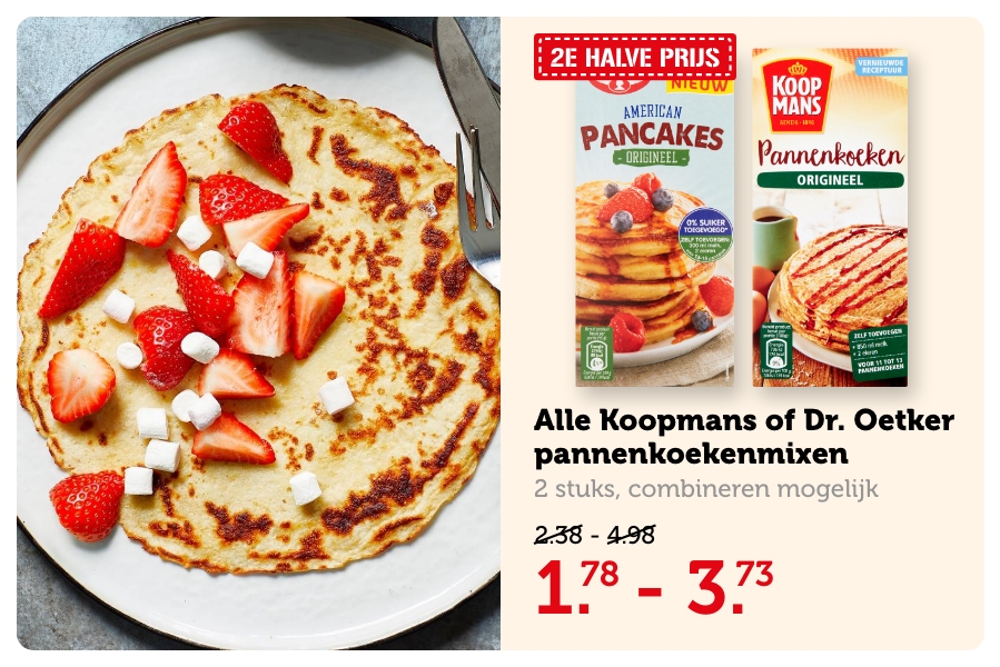 Alle Koopmans of Dr. Oetker pannenkoekenmixen, 2 stuks, combineren mogelijk. Van 2.38/4.98 voor 1.78/3.73