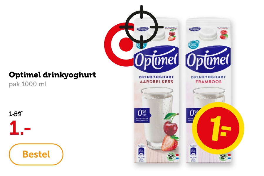 Optimel drinkyoghurt, pak 1000 ml. Van 1.59 voor 1.-