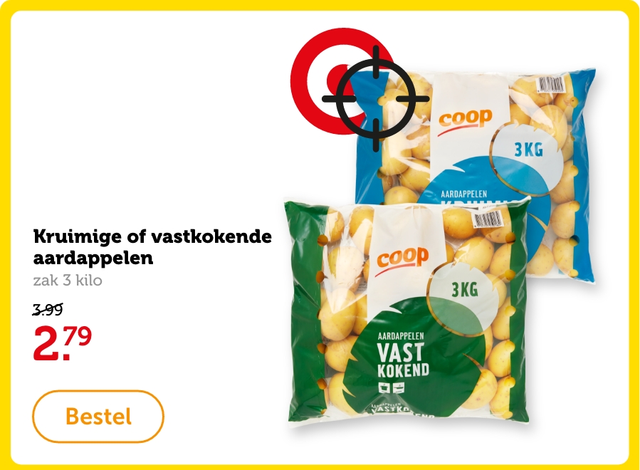 Kruimige of vastkokende aardappelen, zak 3 kilo. Van 3.99 voor 2.79