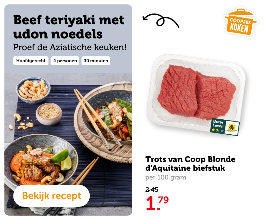 Beef teriyaki met udon noedels. Bekijk recept.