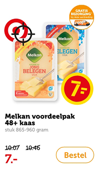 Melkan voordeelpak 48+ kaas, stuk 865-960 gram. Van 10.07/10.46 voor 7.-