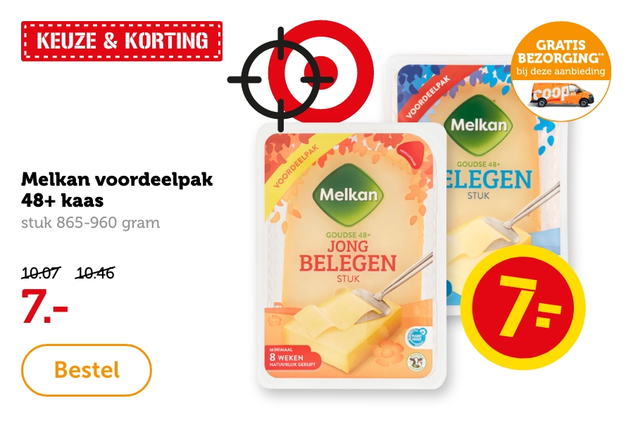 Melkan voordeelpak 48+ kaas, stuk 865-960 gram. Van 10.07/10.46 voor 7.-