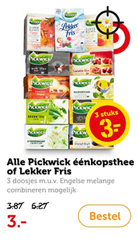 Alle Pickwick éénkopsthee of Lekker Fris, 3 doosjes m.u.v. Engelse melange, combineren mogelijk. Van 3.97/6.27 voor 3.-