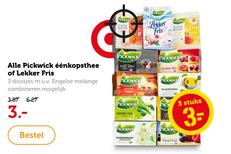 Alle Pickwick éénkopsthee of Lekker Fris, 3 doosjes m.u.v. Engelse melange, combineren mogelijk. Van 3.97/6.27 voor 3.-