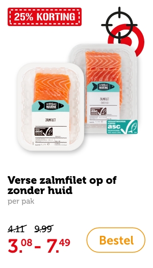 Verse zalmfilet op of zonder huid, per pak. 25% KORTING