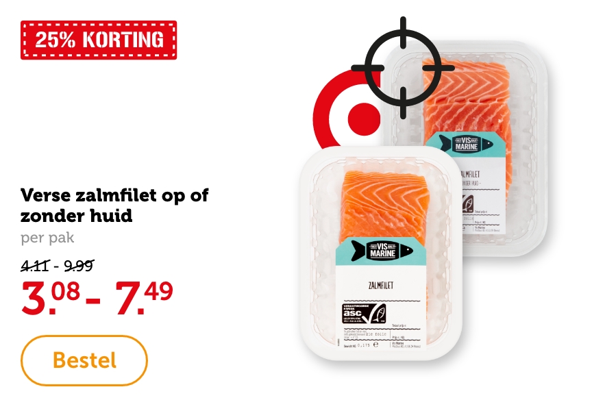 Verse zalmfilet op of zonder huid, per pak. 25% KORTING