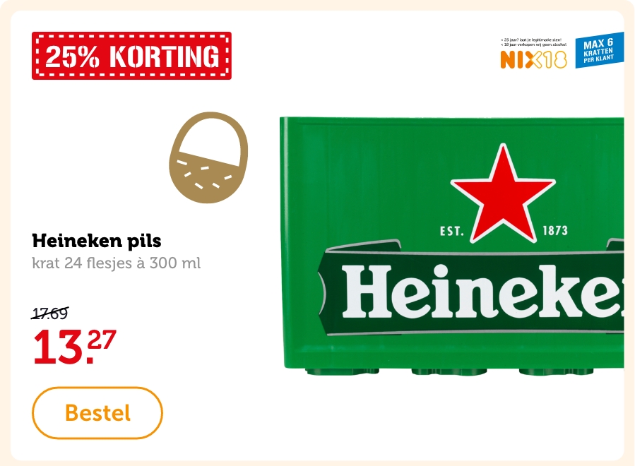 Heineken pils, krat 24 flesjes à 300 ml. Van 17.69 voor 13.27