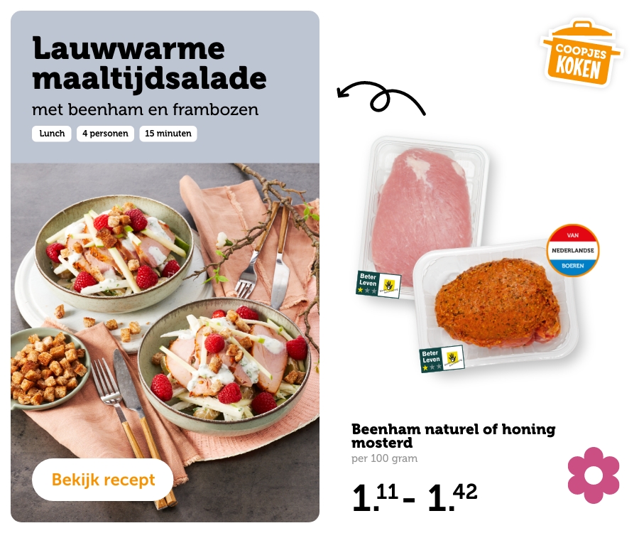 Lauwwarme maaltijdsalade met beenham en frambozen. Bekijk recept.