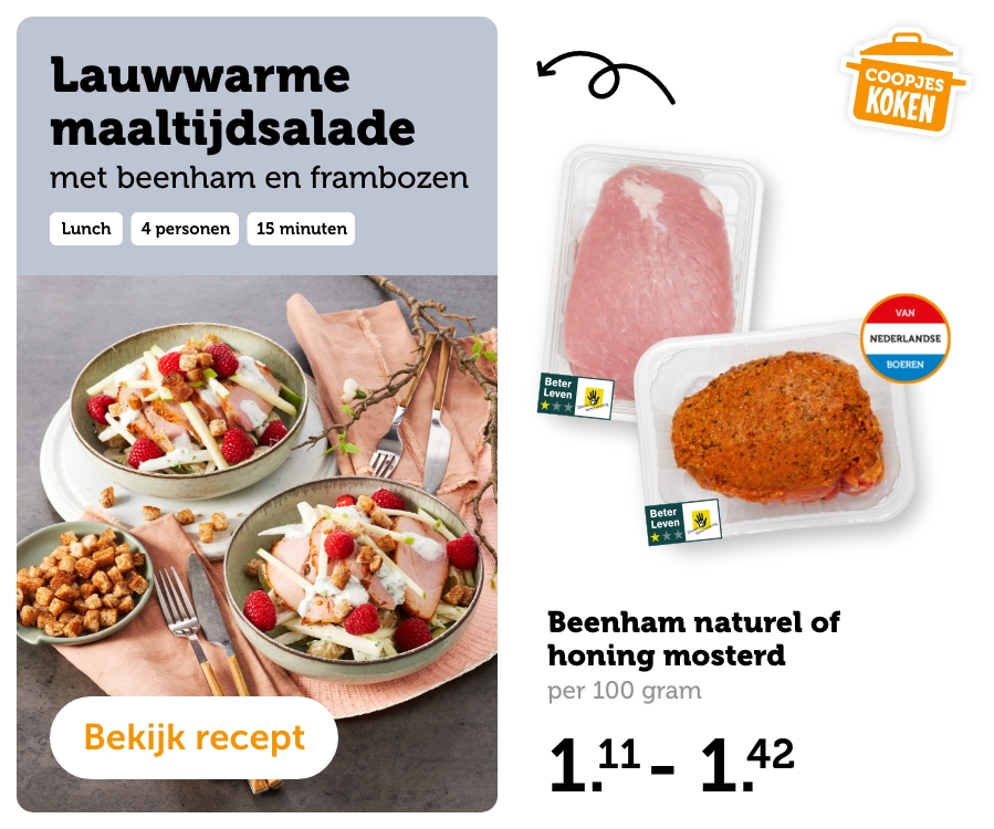 Lauwwarme maaltijdsalade met beenham en frambozen. Bekijk recept.