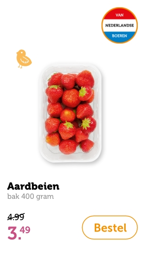 Aardbeien, bak 400 gram. Van 4.99 voor 3.49