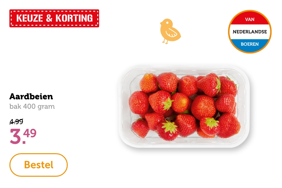 Aardbeien, bak 400 gram. Van 4.99 voor 3.49