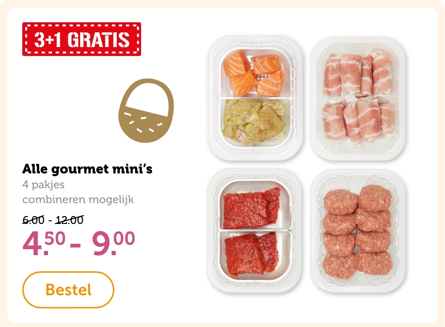 Alle gourmet mini's, 4 pakjes, combineren mogelijk. 3+1 GRATIS