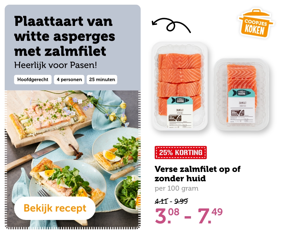 Plaattaart van witte asperges met zalmfilet. Bekijk recept.