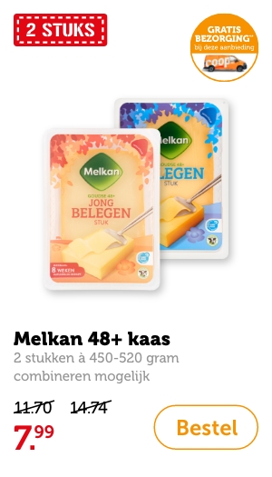 Melkan 48+ kaas, 2 stukken à 450-520 gram, combineren mogelijk. Van 11.70/14.74 voor 7.99