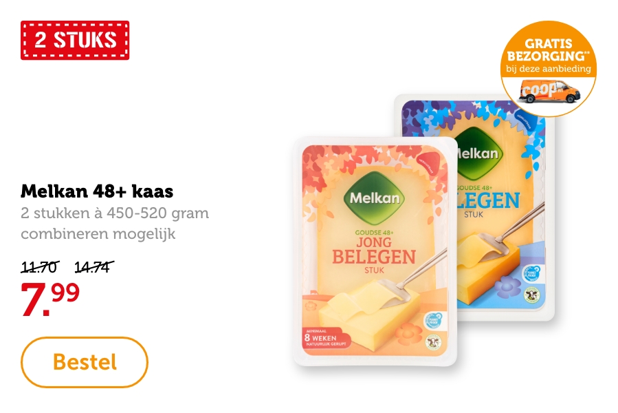 Melkan 48+ kaas, 2 stukken à 450-520 gram, combineren mogelijk. Van 11.70/14.74 voor 7.99