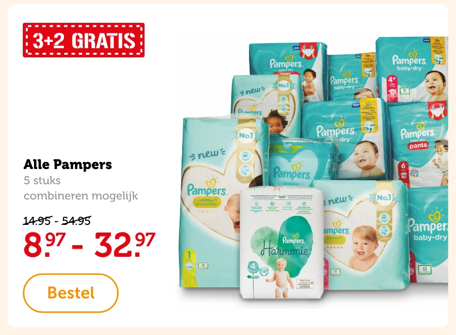 Alle Pampers, 5 stuks, combineren mogelijk. 3+2 GRATIS