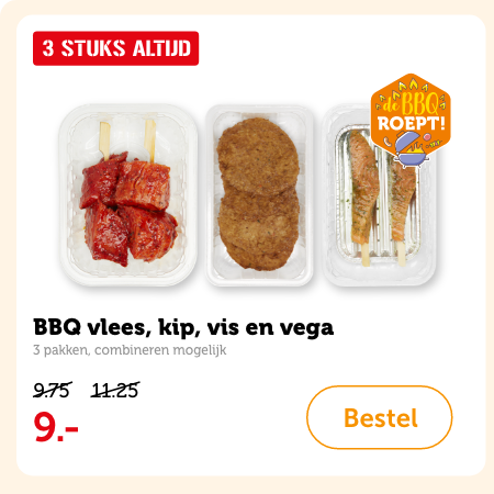 BBQ vlees, kip, vis en vega, 3 pakken, combineren mogelijk. Van 9.75/11.25 voor 9.-